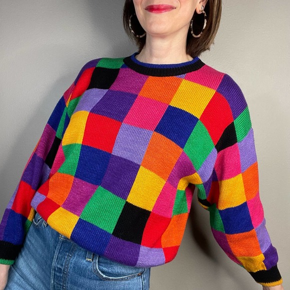 Vintage Sweaters - Vintage multicolored checkered sweater colorful kidcore Christine Foley S